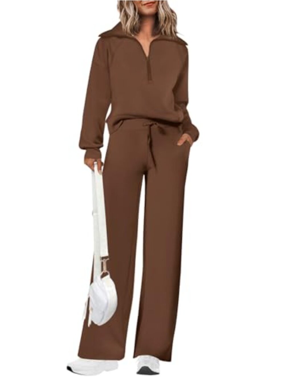 2 Piece Lounge Set Sweatsuit Half Zip Wide Leg Pants Drawstring